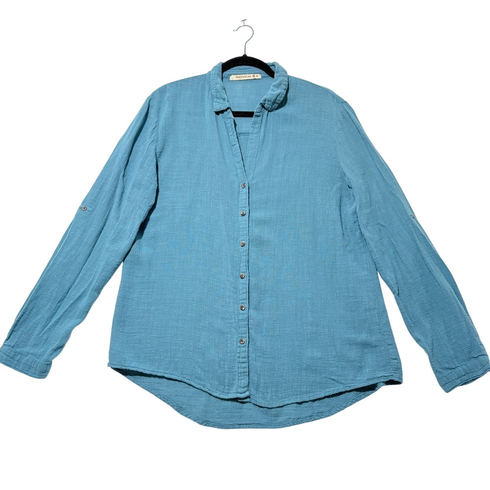 Wearables Women Blue 100% Cotton‎ Gauze Button Down Shirt Medium 13458W